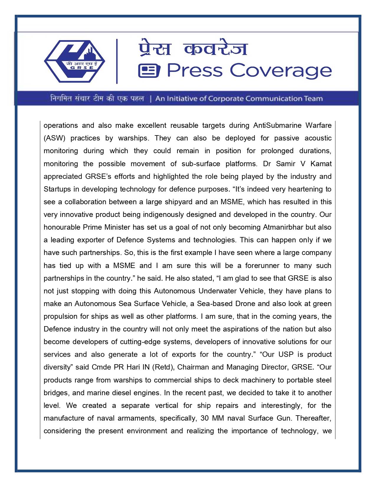 Press Coverage : Indian Defence Review, 31 Jul 23 : DRDO Chairman lauds GRSE's initiative on Autonomous Vessels in the Maritime Domain